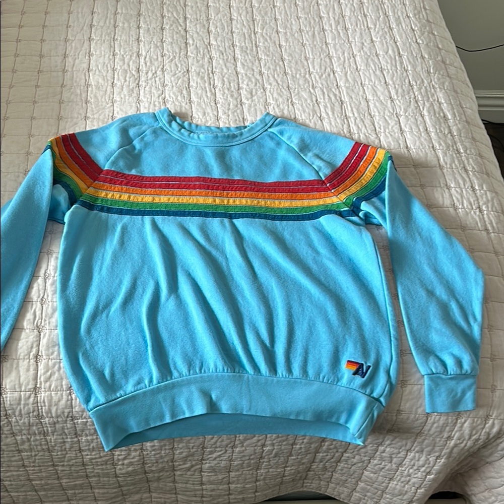 Aviator Nation- Blue Sweater with Rainbow Stripes